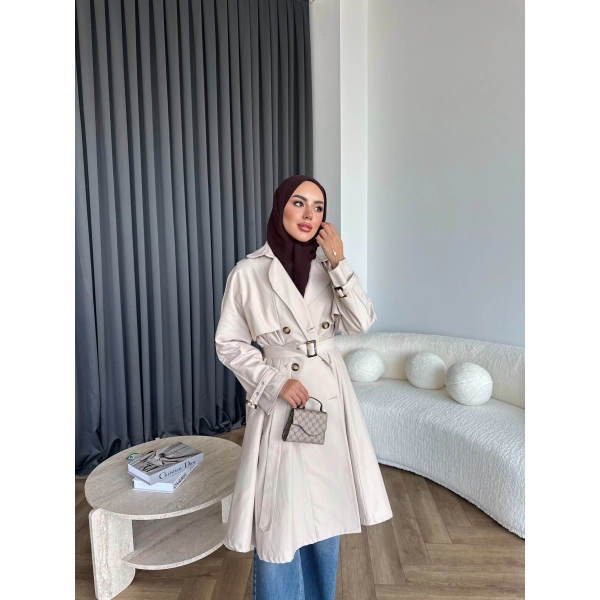 Dökümlü Trençkot - Bej