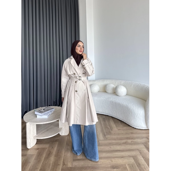 Dökümlü Trençkot - Bej