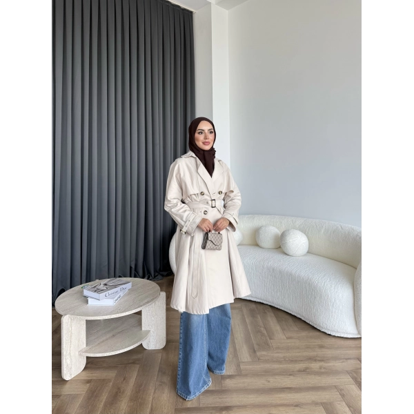 Dökümlü Trençkot - Bej