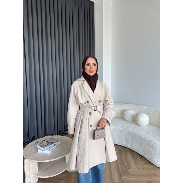 Dökümlü Trençkot - Bej