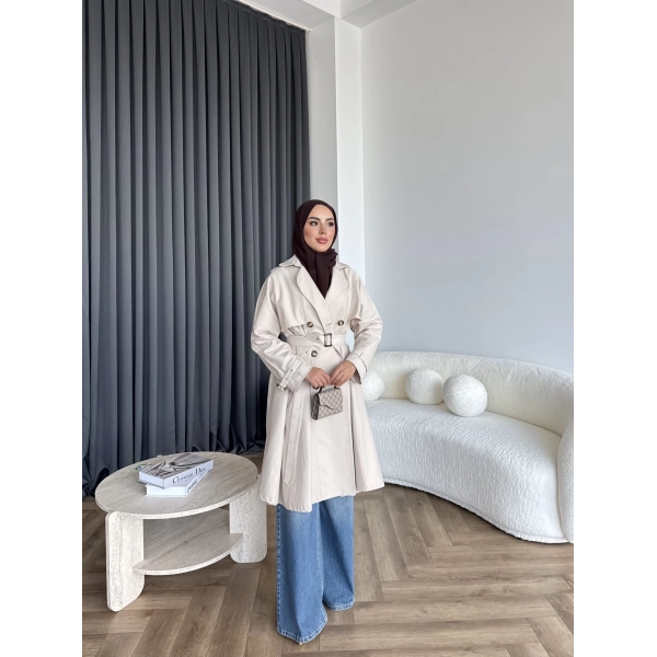 Dökümlü Trençkot - Bej