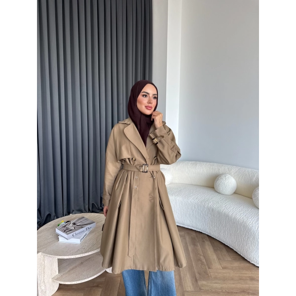 Dökümlü Trençkot - Camel