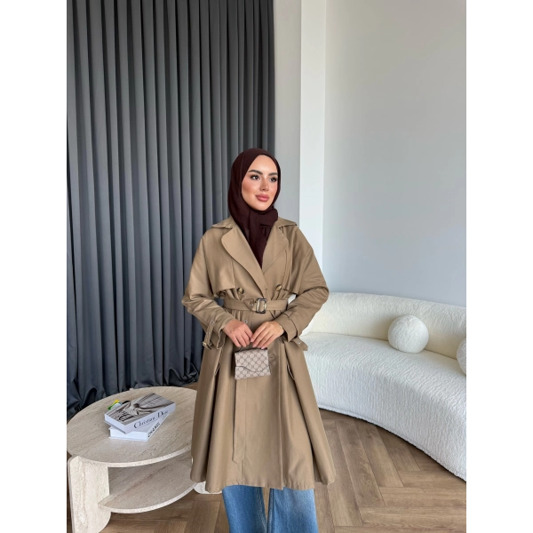 Dökümlü Trençkot - Camel