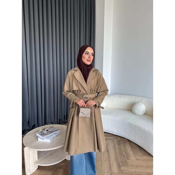 Dökümlü Trençkot - Camel