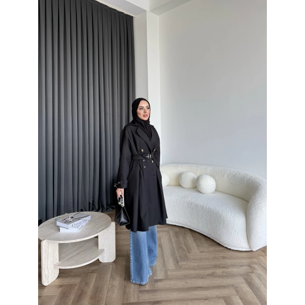 Dökümlü Trençkot - Siyah