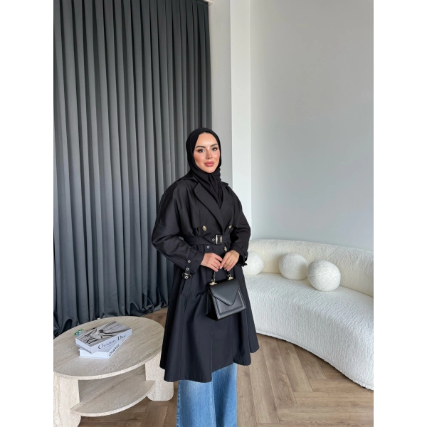 Dökümlü Trençkot - Siyah