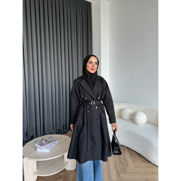 Dökümlü Trençkot - Siyah