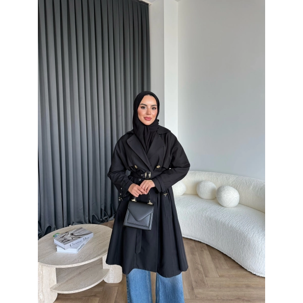 Dökümlü Trençkot - Siyah