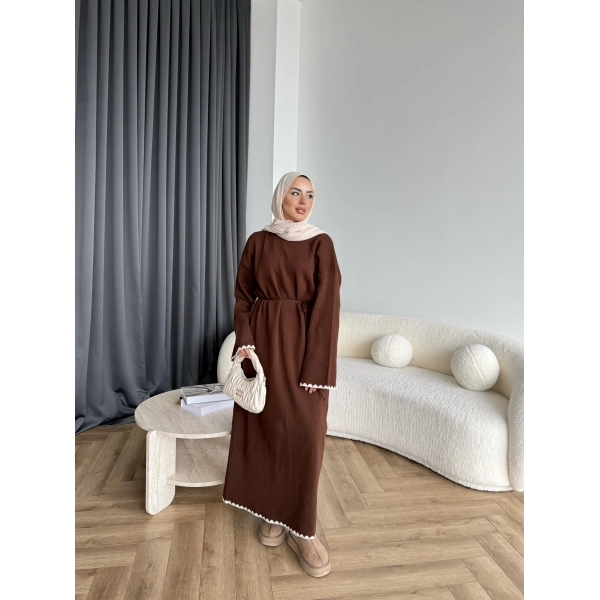 Doray Dantel Detaylı Elbise - Kahve