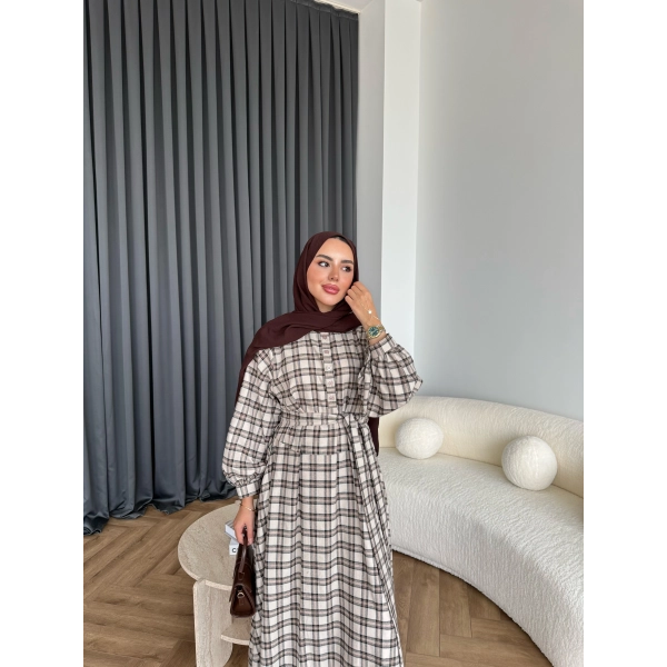 Doria Kareli Elbise - Bej