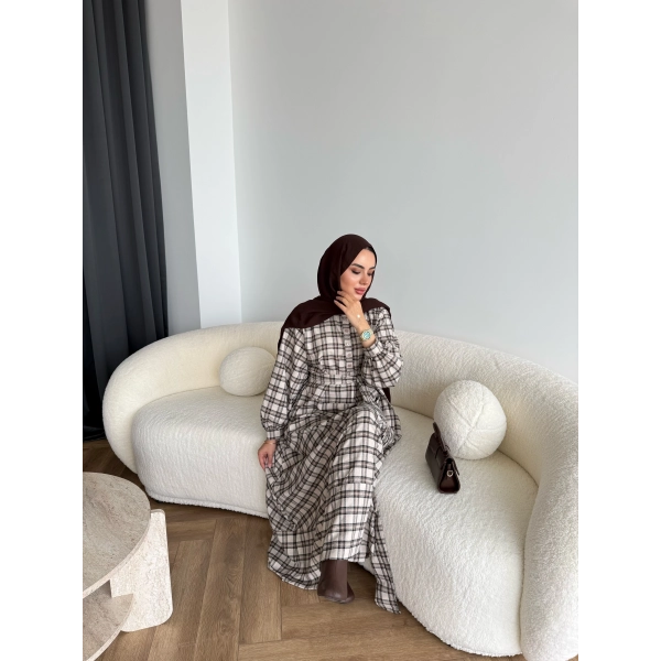 Doria Kareli Elbise - Bej