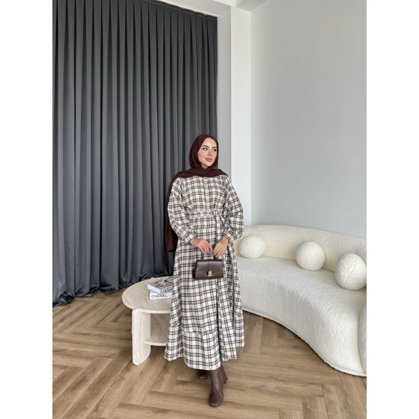 Doria Kareli Elbise - Bej