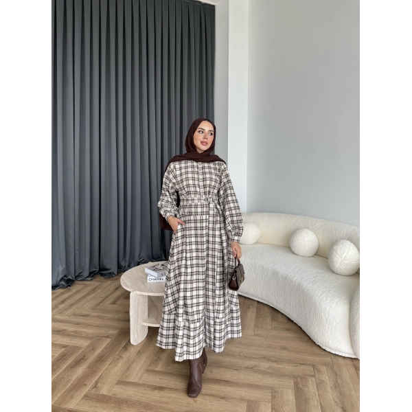 Doria Kareli Elbise - Bej