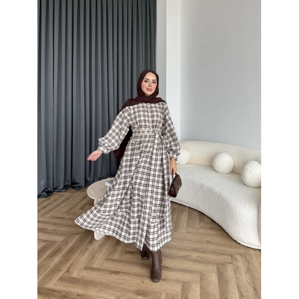 Doria Kareli Elbise - Bej