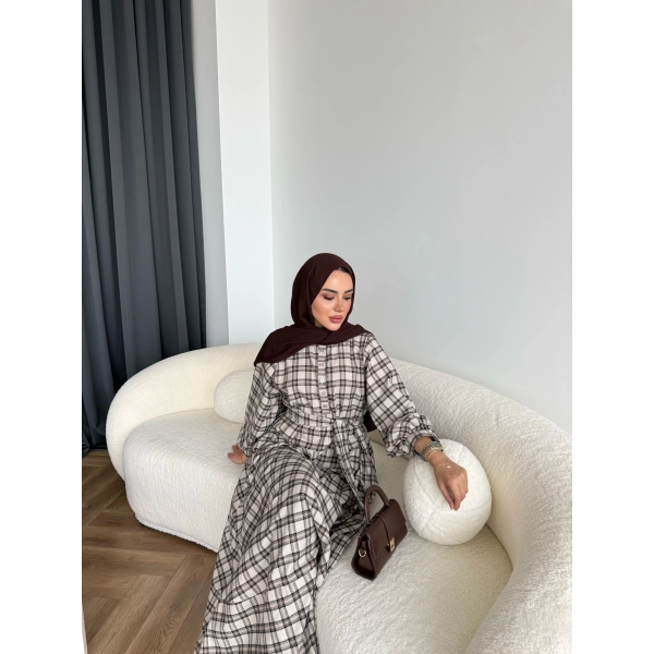 Doria Kareli Elbise - Bej