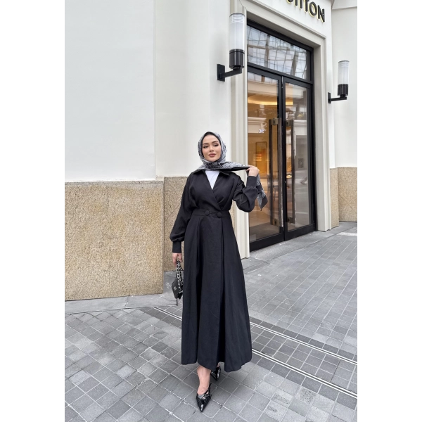 Düğmeli Anvelop Elbise - Siyah