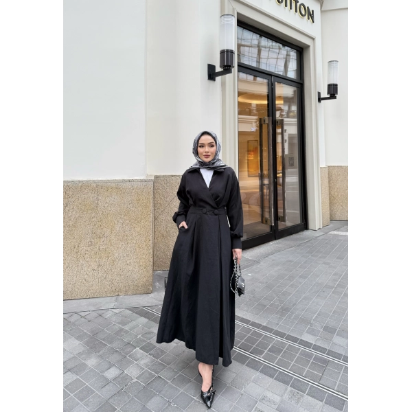 Düğmeli Anvelop Elbise - Siyah