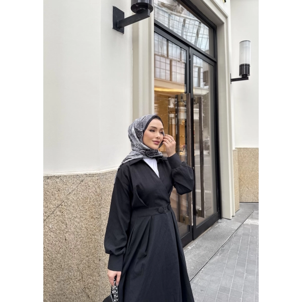 Düğmeli Anvelop Elbise - Siyah