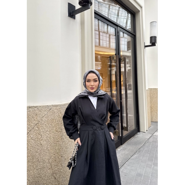 Düğmeli Anvelop Elbise - Siyah