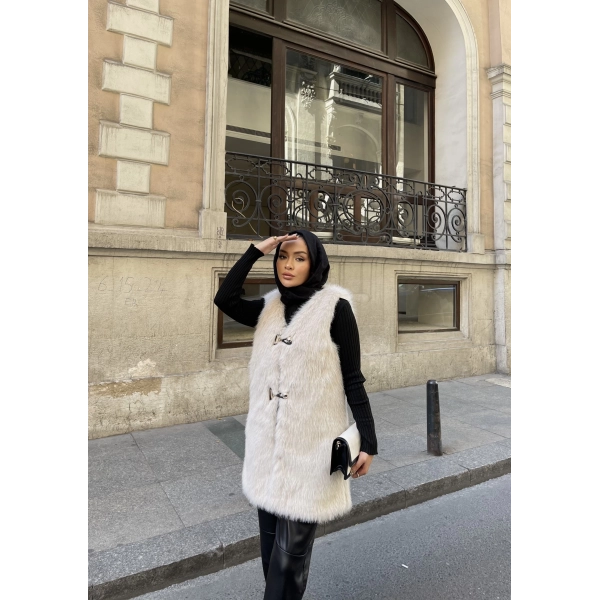 Düğmeli Kürk Yelek - Bej