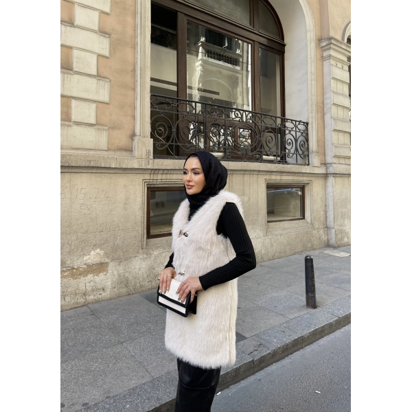 Düğmeli Kürk Yelek - Bej