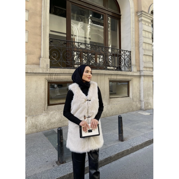 Düğmeli Kürk Yelek - Bej