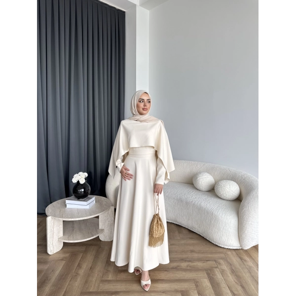 Duq - Ledtan Pelerin Yaka Elbise - Bej