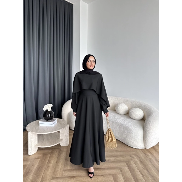 Duq - Ledtan Pelerin Yaka Elbise - Siyah