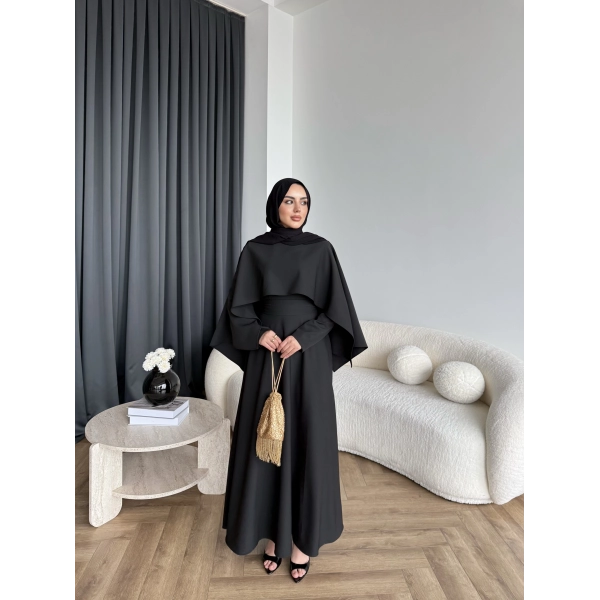 Duq - Ledtan Pelerin Yaka Elbise - Siyah