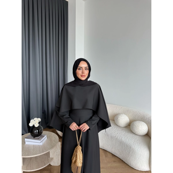 Duq - Ledtan Pelerin Yaka Elbise - Siyah