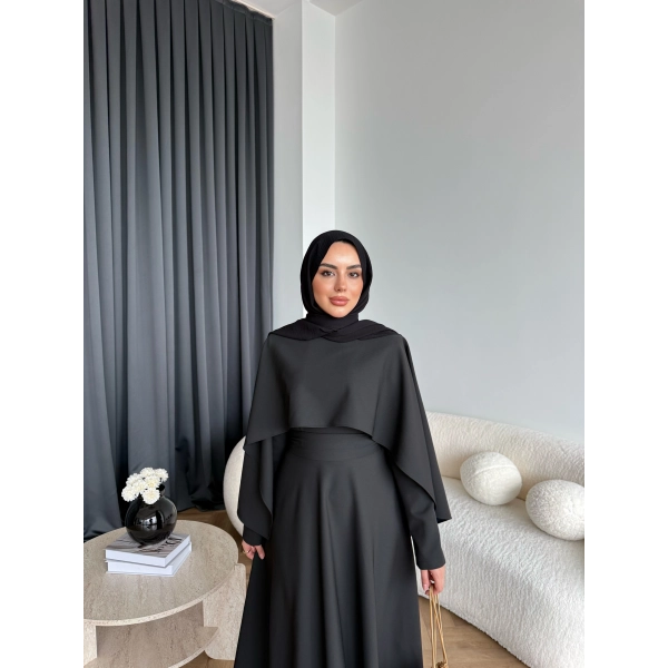 Duq - Ledtan Pelerin Yaka Elbise - Siyah