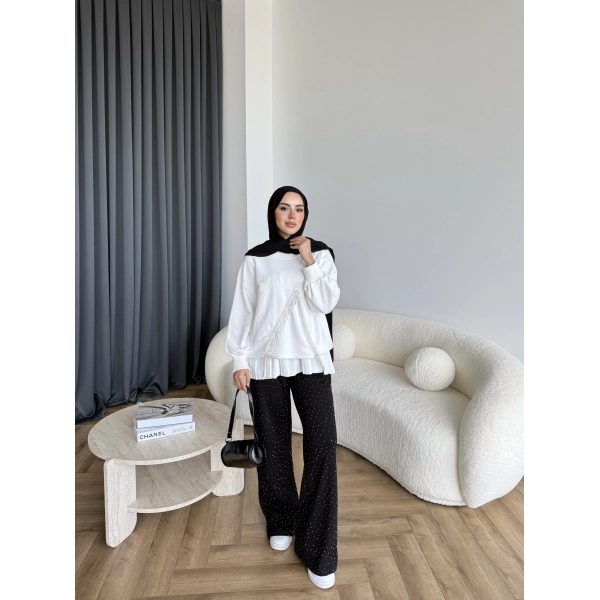 Ela Taş Detaylı Sweat - Beyaz