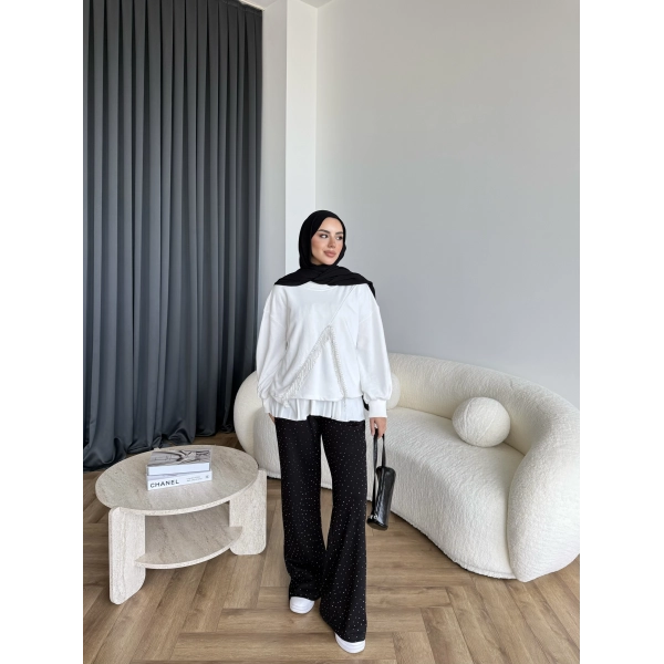 Ela Taş Detaylı Sweat - Beyaz