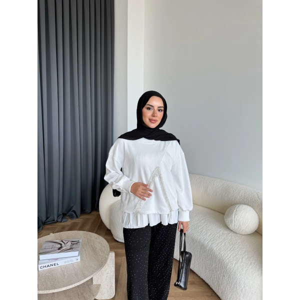 Ela Taş Detaylı Sweat - Beyaz