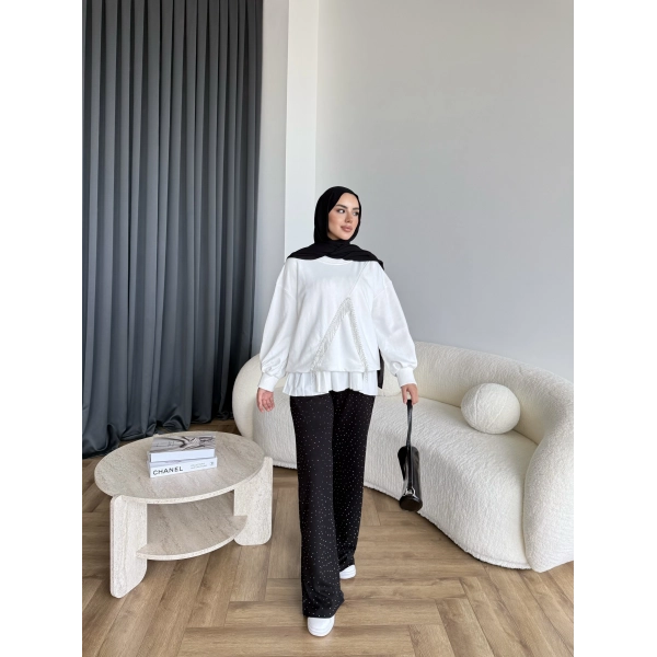 Ela Taş Detaylı Sweat - Beyaz