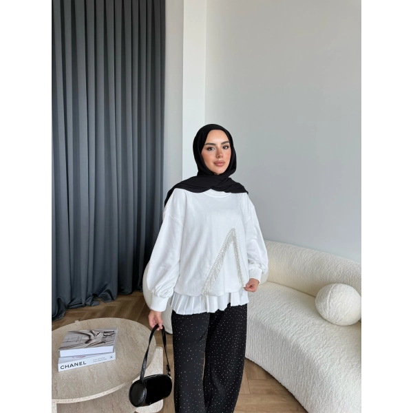 Ela Taş Detaylı Sweat - Beyaz