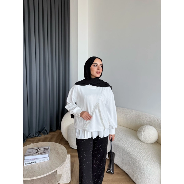 Ela Taş Detaylı Sweat - Beyaz