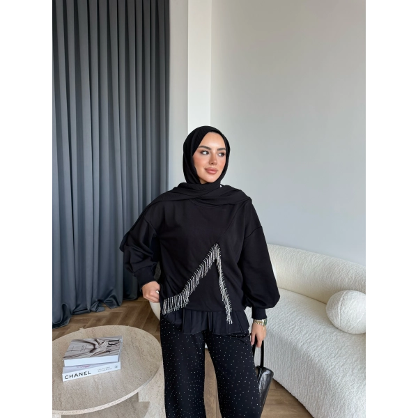 Ela Taş Detaylı Sweat - Siyah