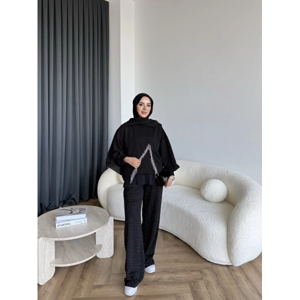 Ela Taş Detaylı Sweat - Siyah