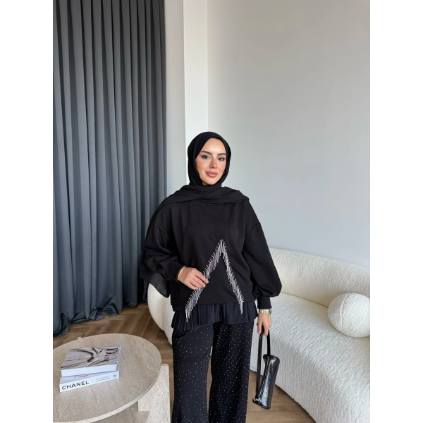 Ela Taş Detaylı Sweat - Siyah