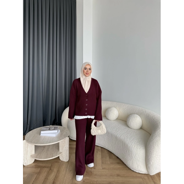 Elenor Düğmeli Triko Takım - Bordo