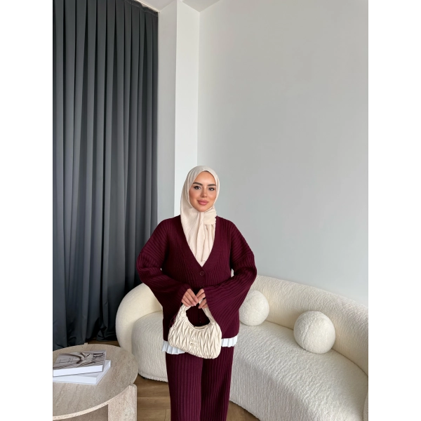Elenor Düğmeli Triko Takım - Bordo