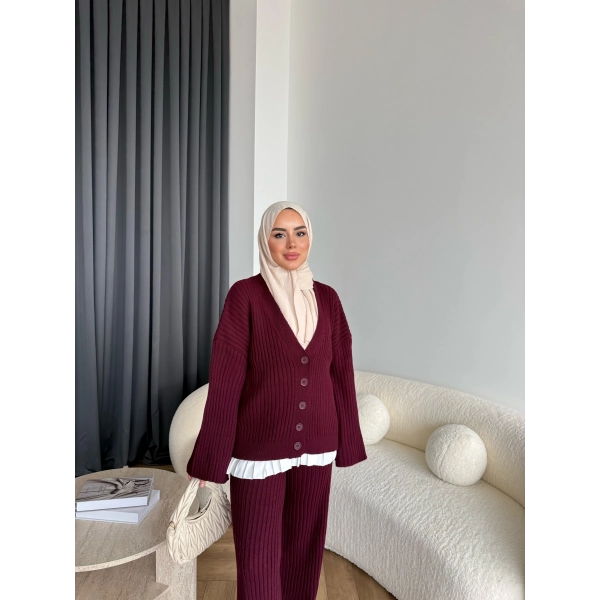 Elenor Düğmeli Triko Takım - Bordo