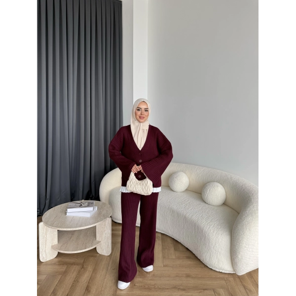 Elenor Düğmeli Triko Takım - Bordo