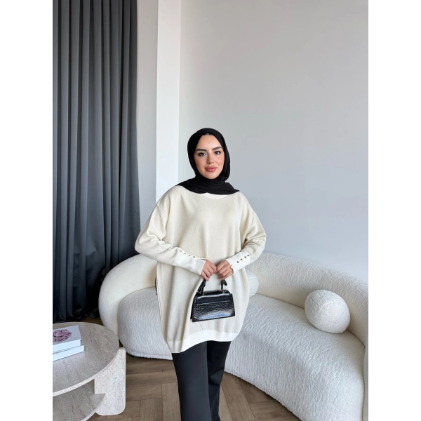 Evar Simli Kolu Düğmeli Triko Kazak - Bej