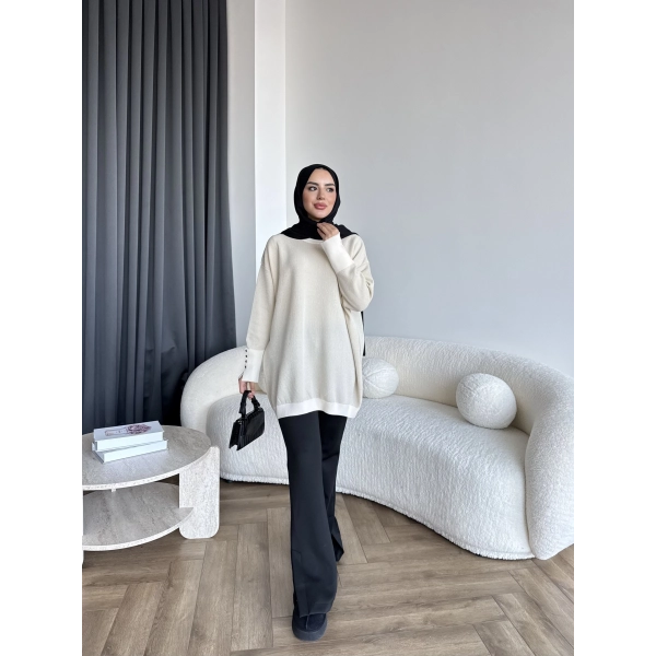 Evar Simli Kolu Düğmeli Triko Kazak - Bej