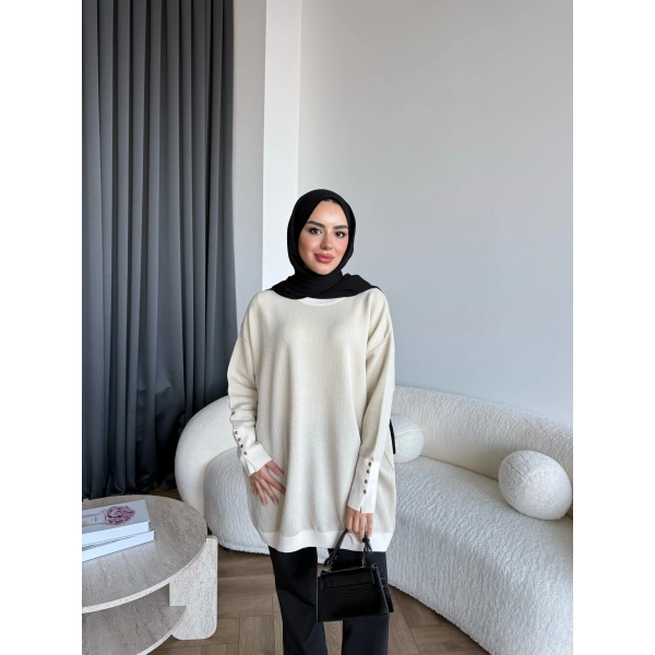 Evar Simli Kolu Düğmeli Triko Kazak - Bej