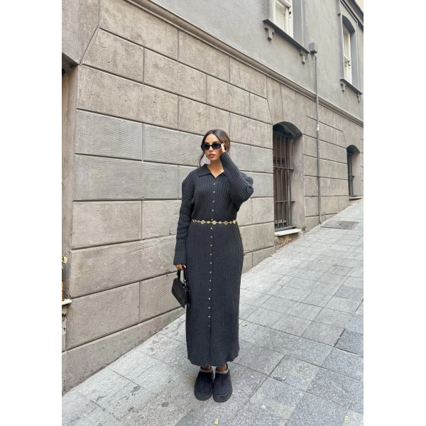 Evsa Mini Gold Düğmeli Elbise - Antrasit