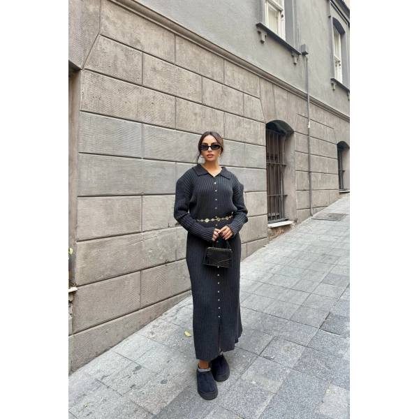 Evsa Mini Gold Düğmeli Elbise - Antrasit