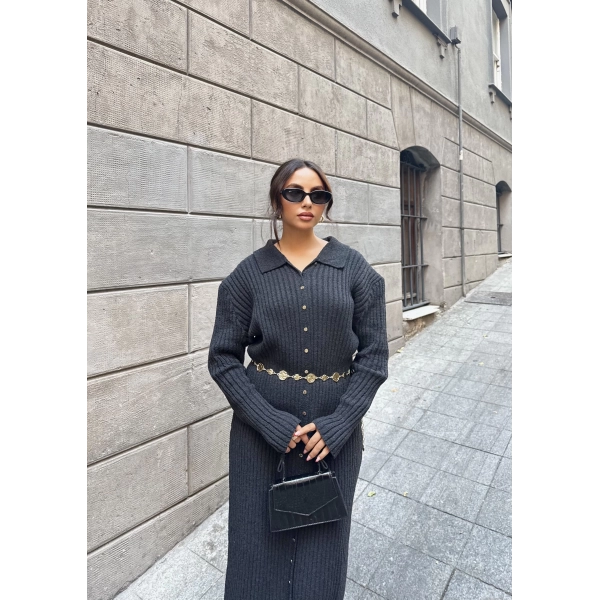 Evsa Mini Gold Düğmeli Elbise - Antrasit